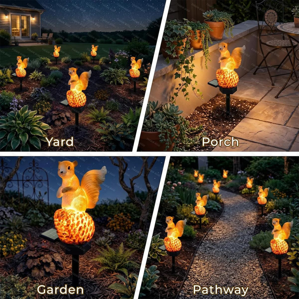 Diverse luci solari a paletto in resina effetto scoiattolo per giardino e vialetto