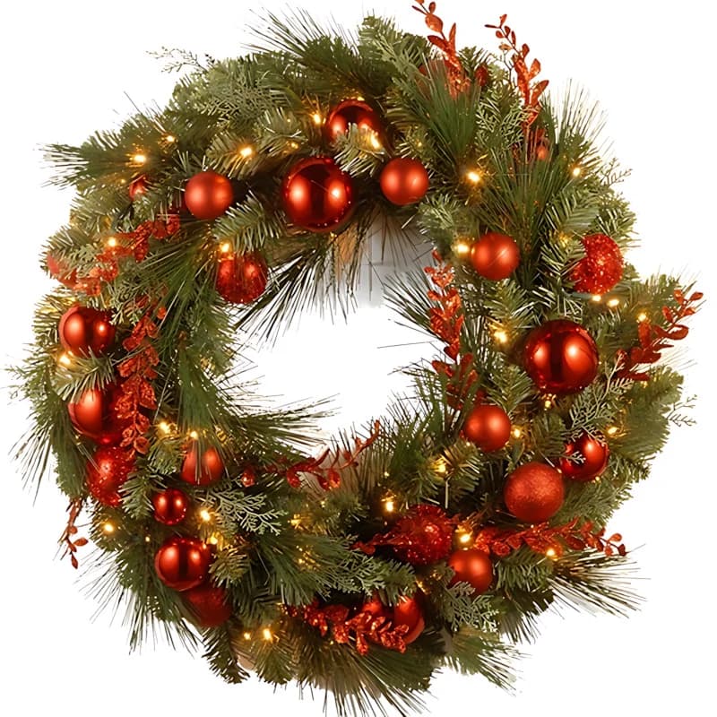 Pre-lit Christmas wreath with red ornaments, pine needles, and warm white LED lights