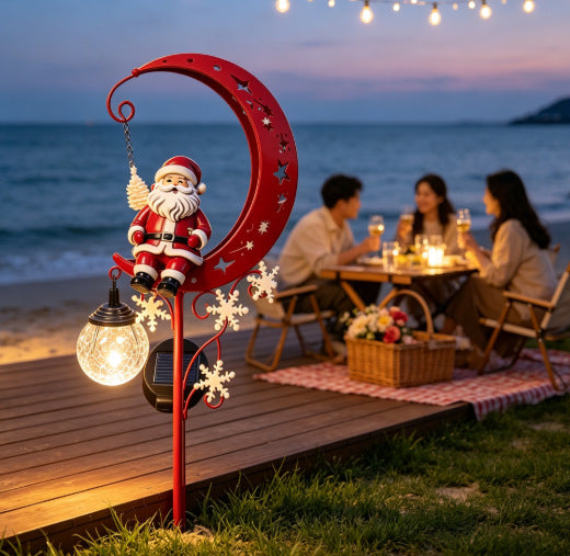 Luminous Winter Moon – Solar Metal Santa Pathway Stake with Glowing Glass Orb (33.5" Tall)