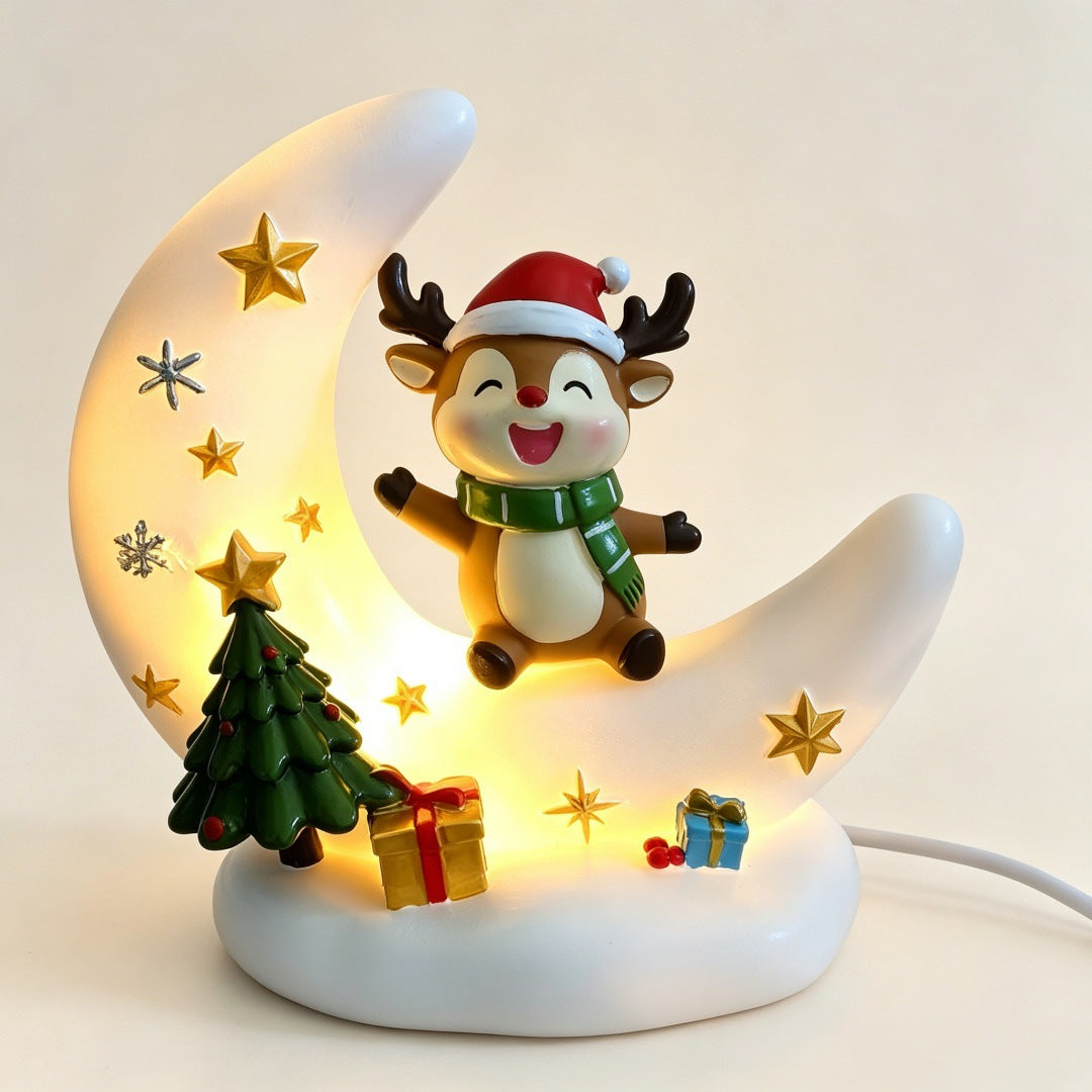 Lámpara nocturna USB con forma de luna, figura de reno y árbol de Navidad.