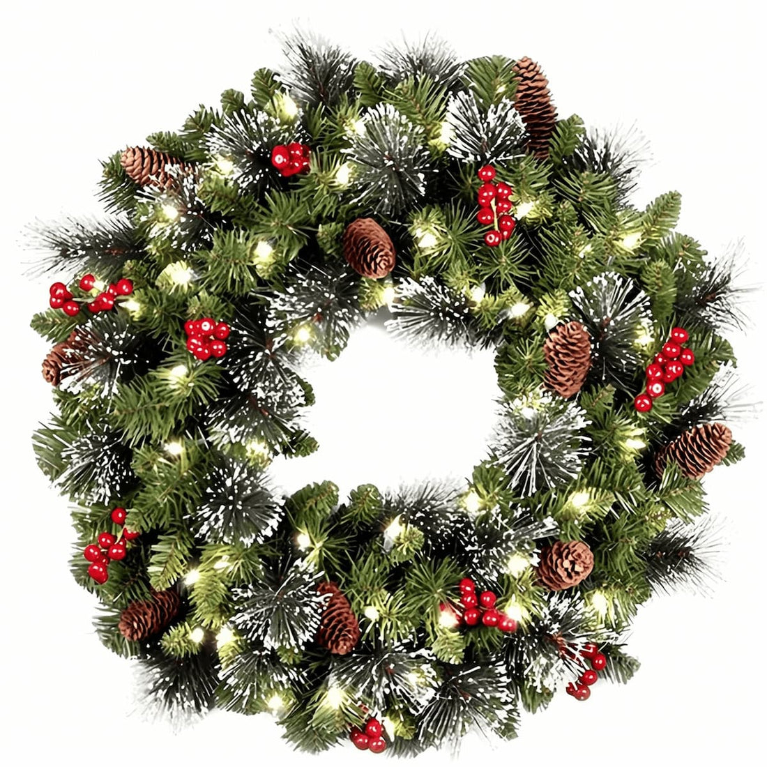 Pre-lit Christmas wreath with mixed pine, red berries, pinecones, and warm white LEDs