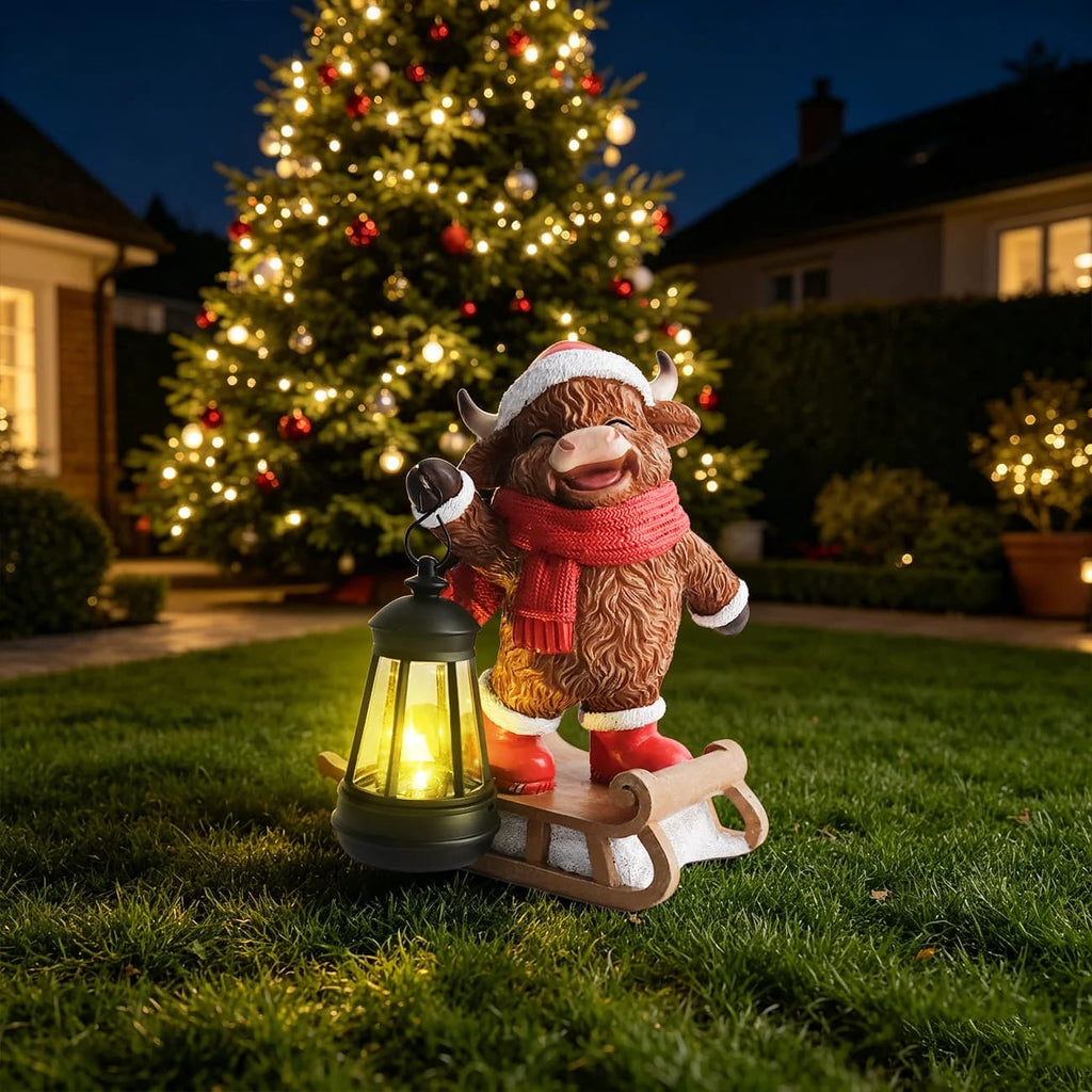 Hand-painted Christmas solar lantern statue of a cow rocking on a sleigh base
