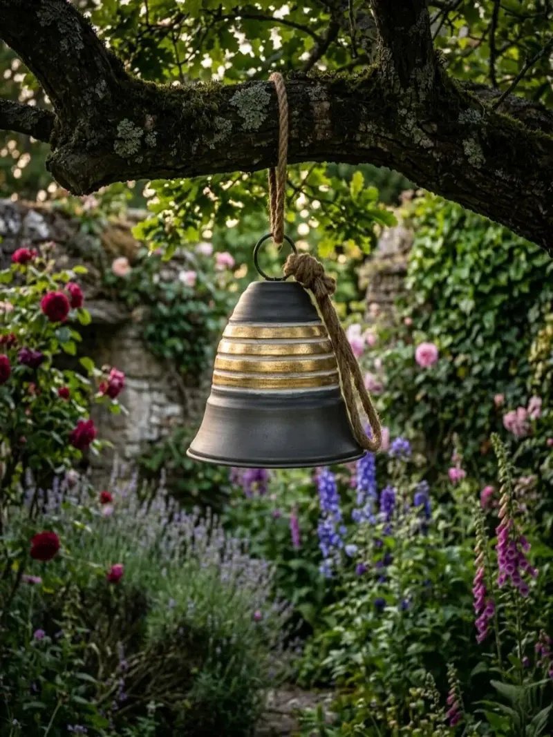 Iron bell wind chime hanging from tree branch, gold-striped banded body