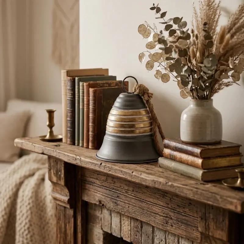 Decorative items on a wooden surface including books, a bell, and a vase with dried plants.
