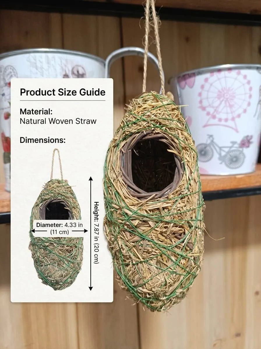 Rustic Farmhouse Straw Bird Nest Hanging Decor, Handmade Woven Nursery & Garden Wall Accent  Size