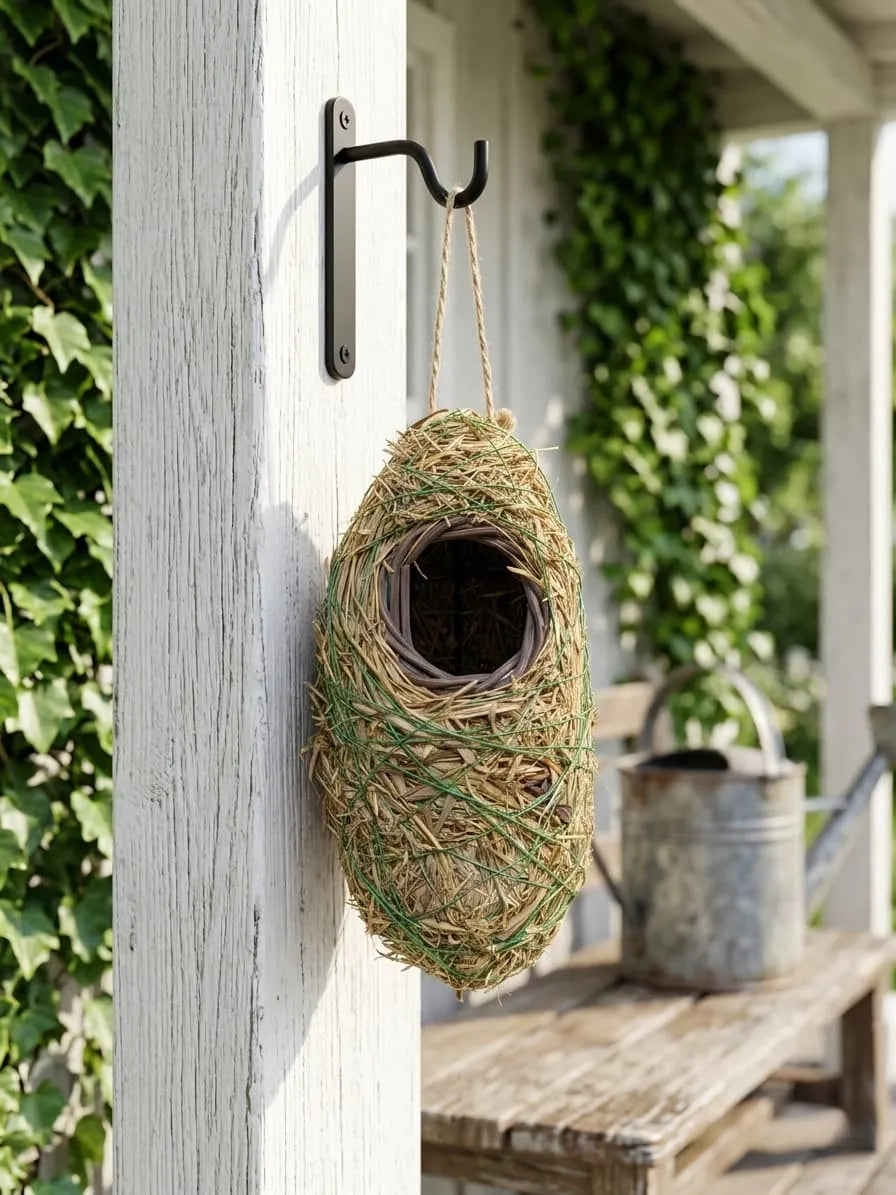 Bird's nest hanging on a wooden post with a garden background
