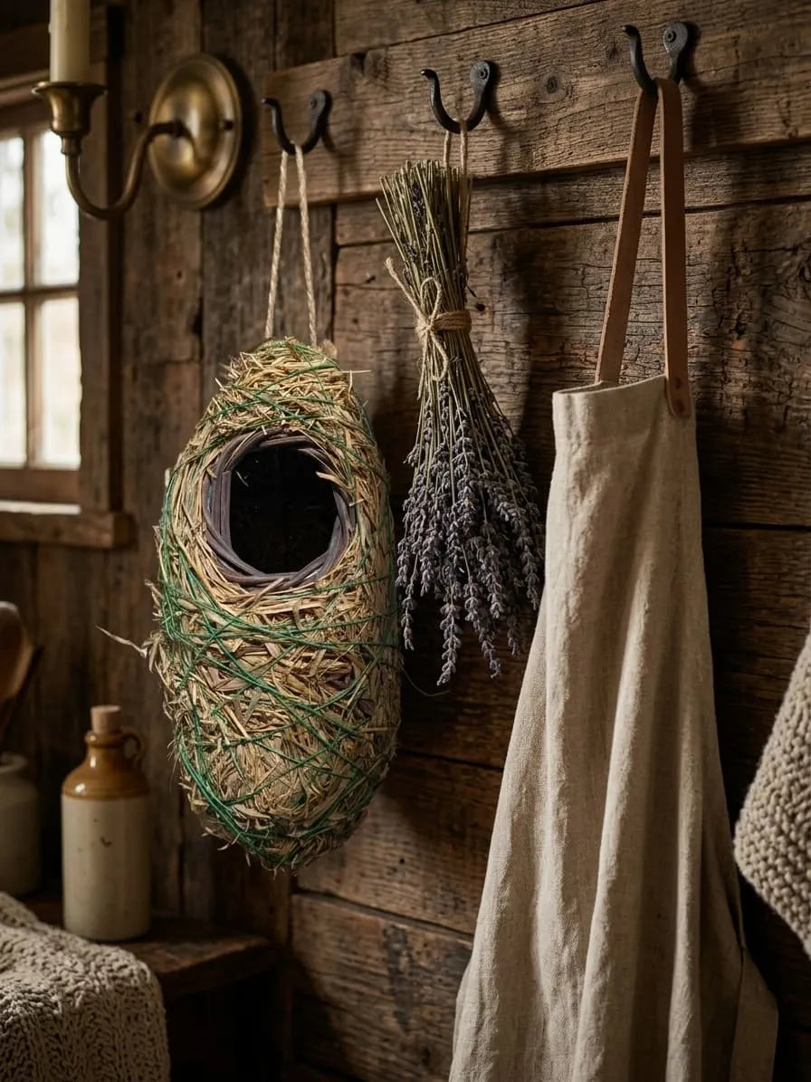 Rustic interior with a bird's nest, apron, and lavender on wooden hooks.