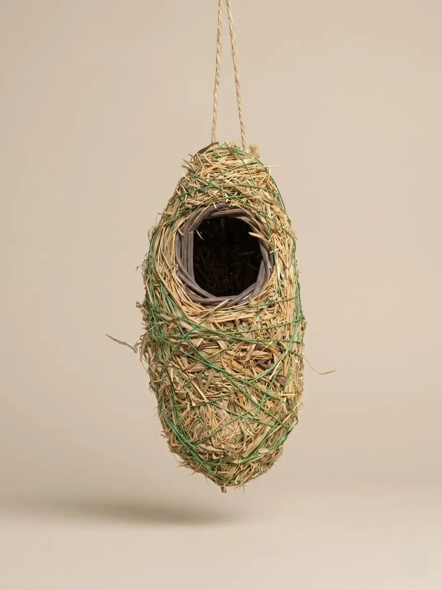 Hand-woven bird nest made of straw and twigs on a beige background