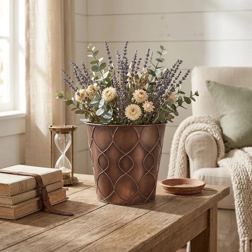 Brown embossed iron planter bucket holding flower bouquet on a wooden table