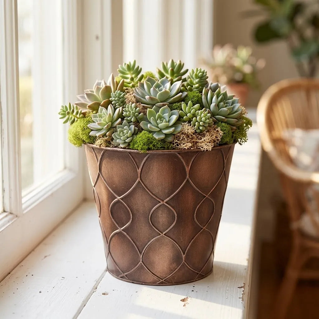 Brown embossed iron planter bucket with succulent plants, close-up on floor