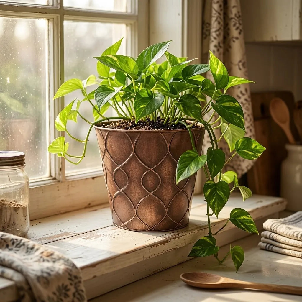 Brown embossed iron planter bucket with green leafy plant near window