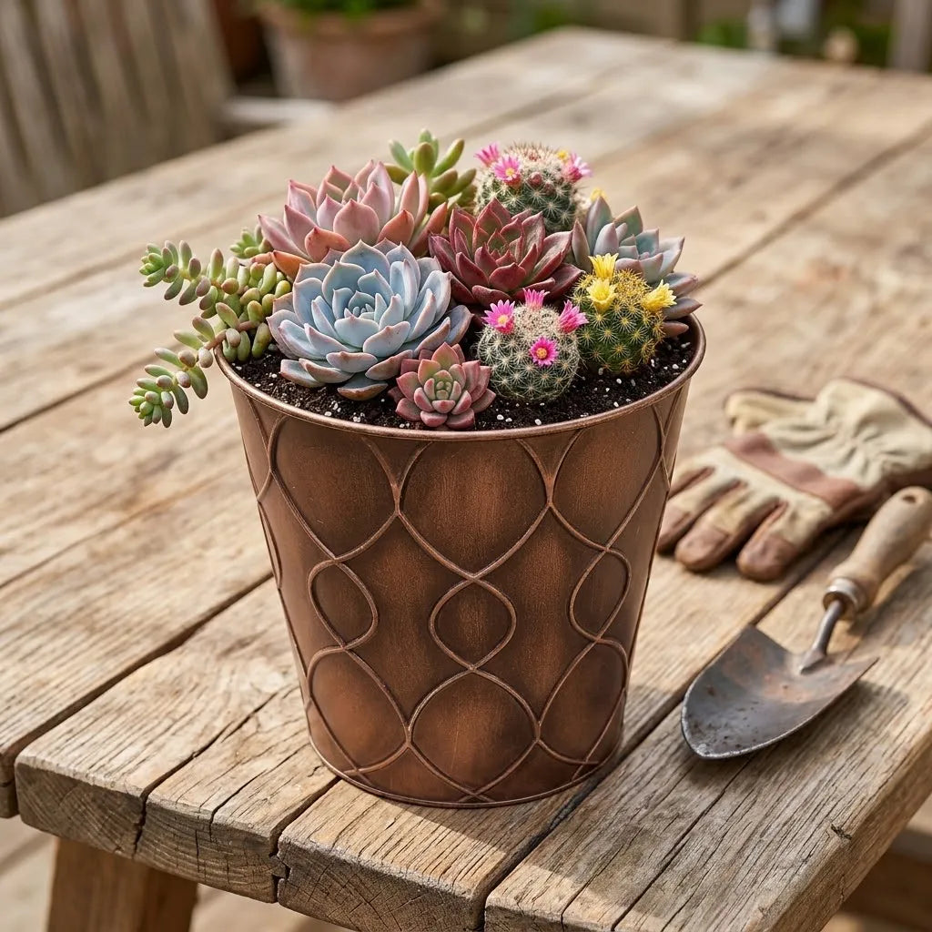 Brown embossed iron planter bucket with colorful succulents on wooden tabletop