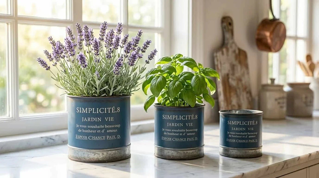 Distressed blue metal planter set with French text on a tabletop, with lavender and greenery