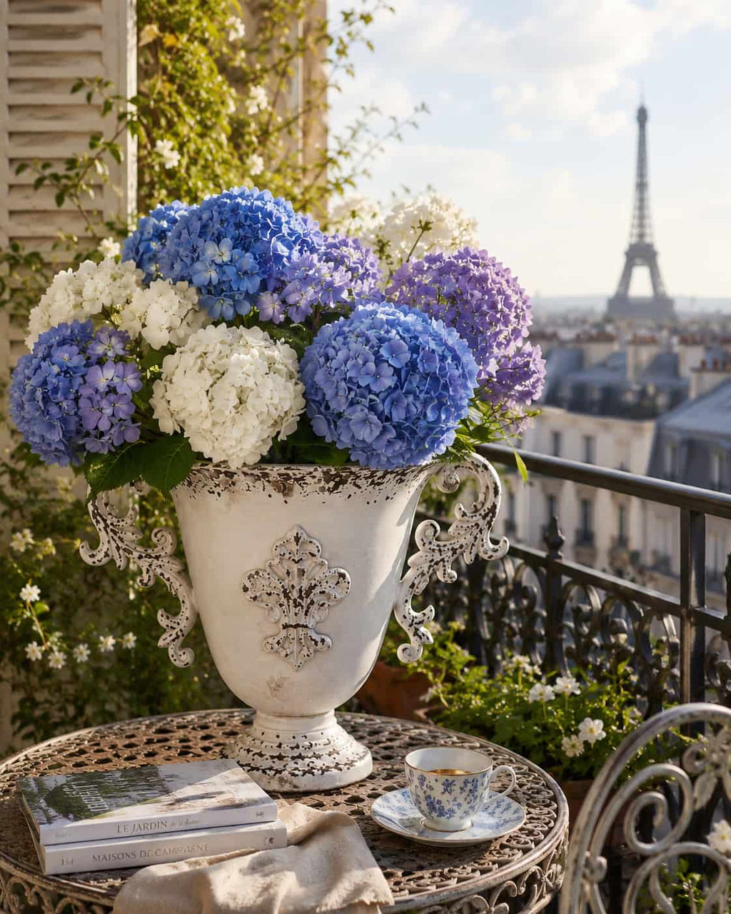 Decorative urn with blue and white flowers on a balcony with Eiffel Tower view