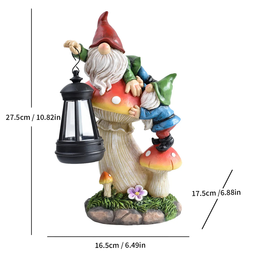 Resin gnome with red hat holding a black solar lantern and a small figure