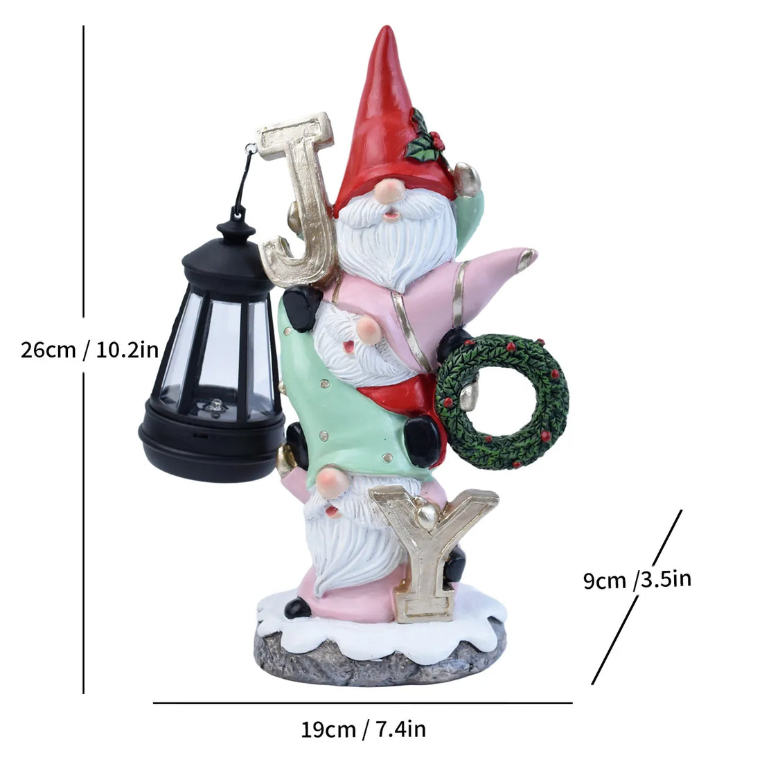 Resin gnome with red hat holding a black solar lantern and lyre ornament