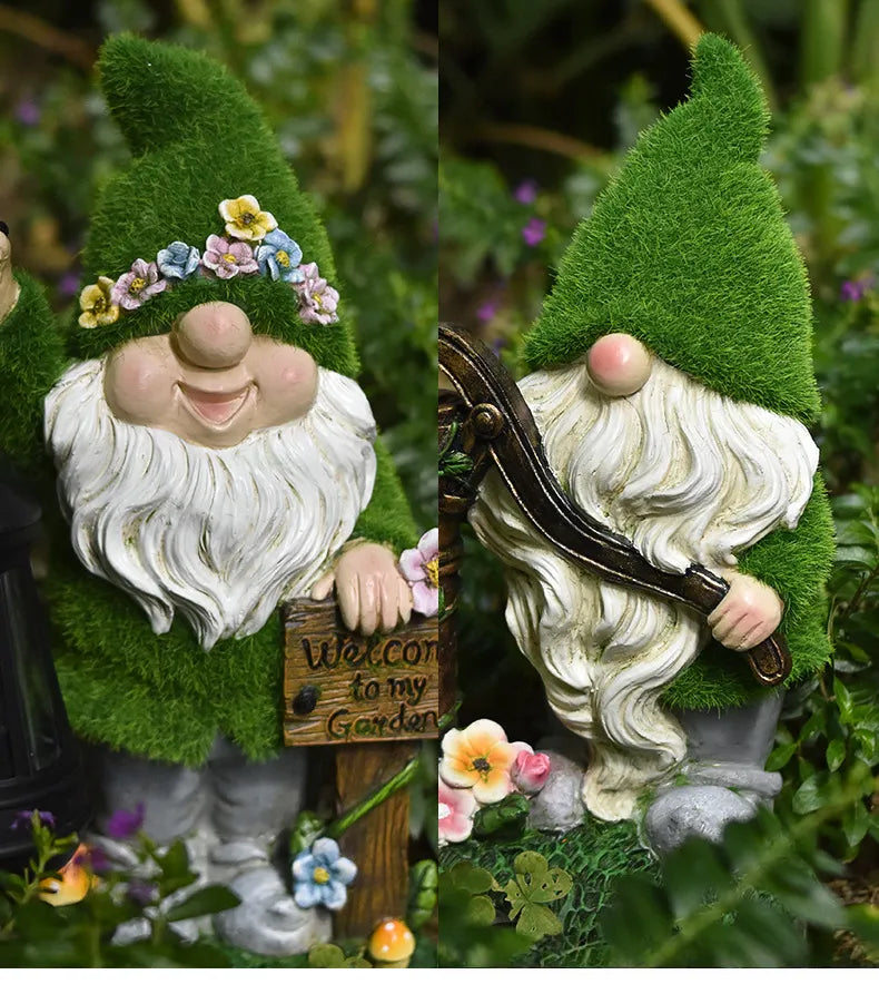 Close-up resin gnome pair with green fuzzy hats, white beards, and black LED lanterns.