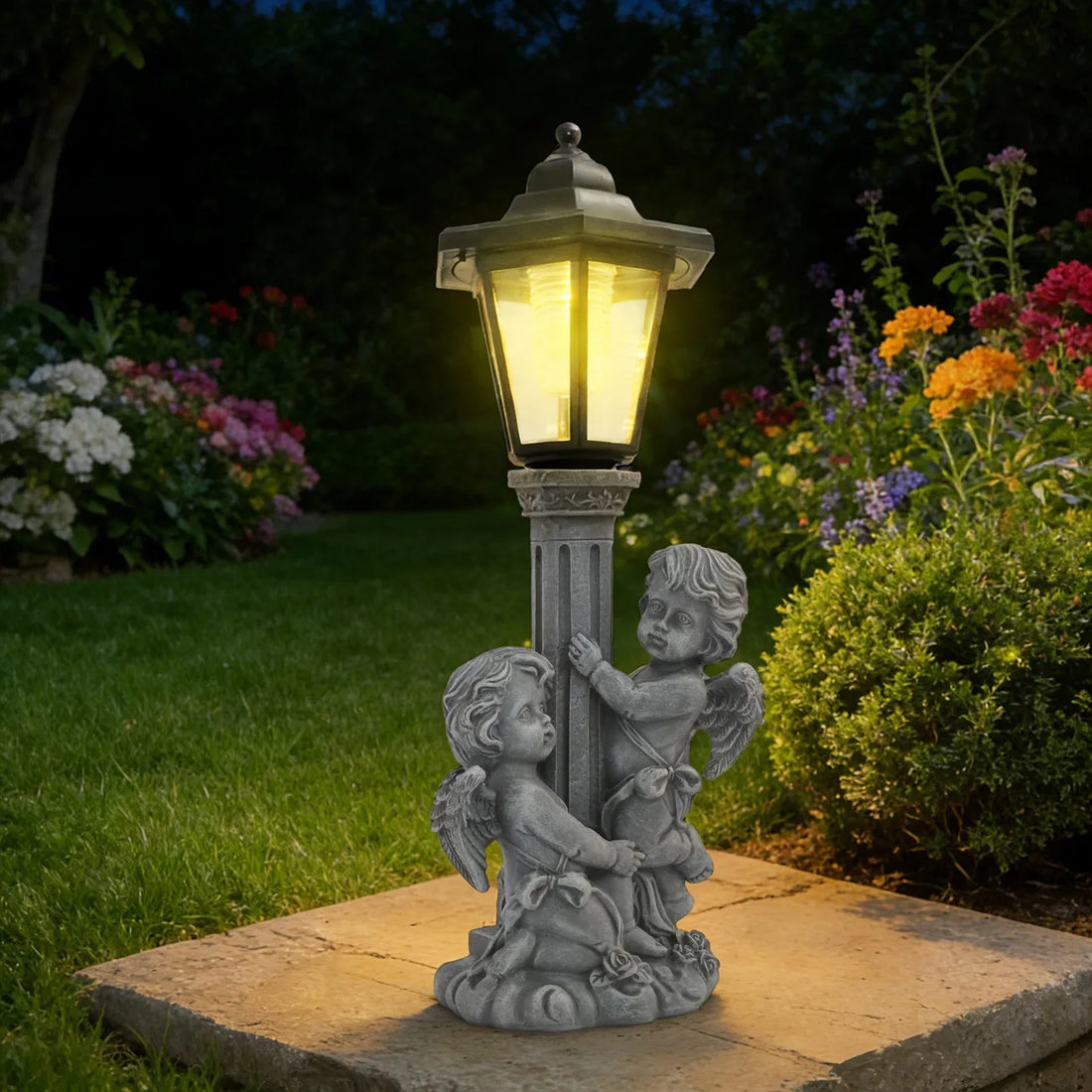 Hand-painted resin cherub statue with LED lantern, three figures around a tall pedestal