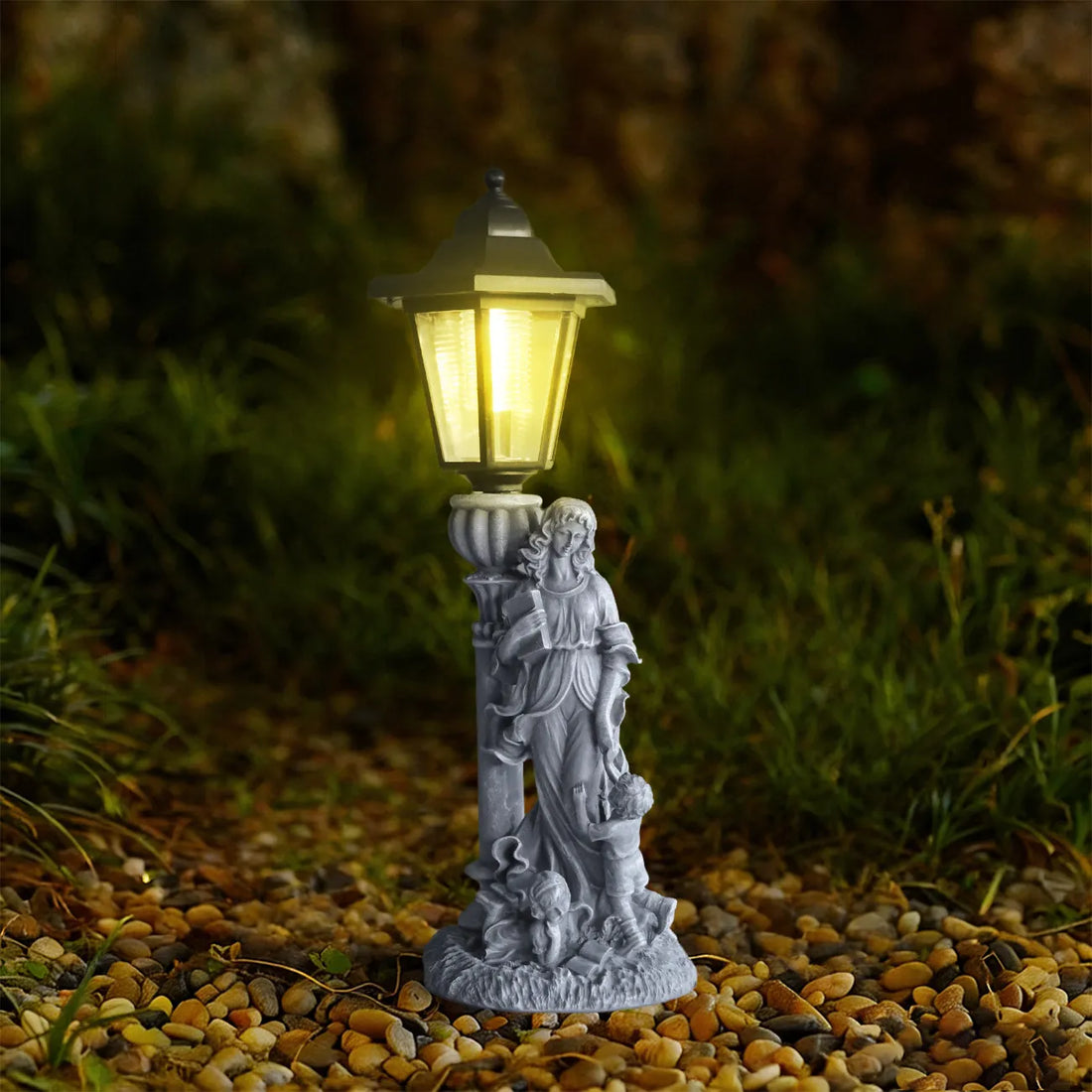 Hand-painted resin angel statue with LED lantern, single standing cherub with ornate base