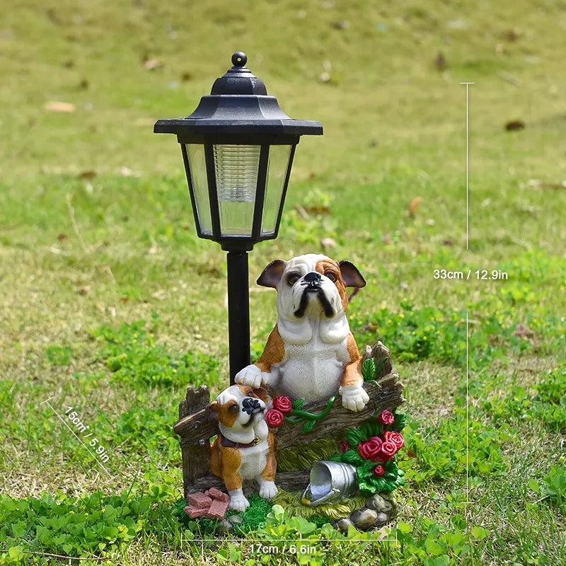 Solar dog garden statue with LED lantern, white-and-brown dog trio with roses