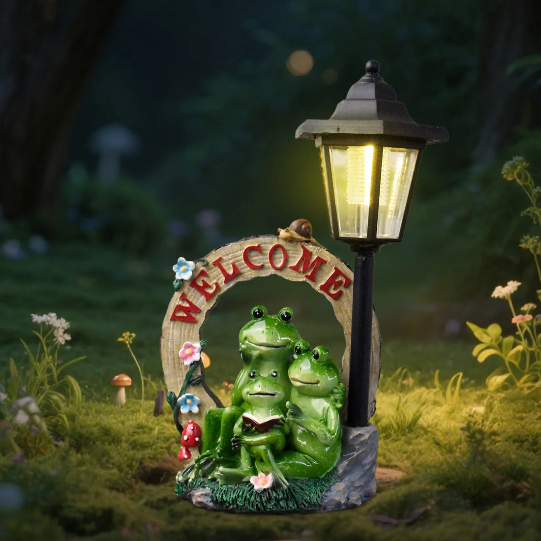 Frog welcome garden statue with glowing LED lantern on resin base