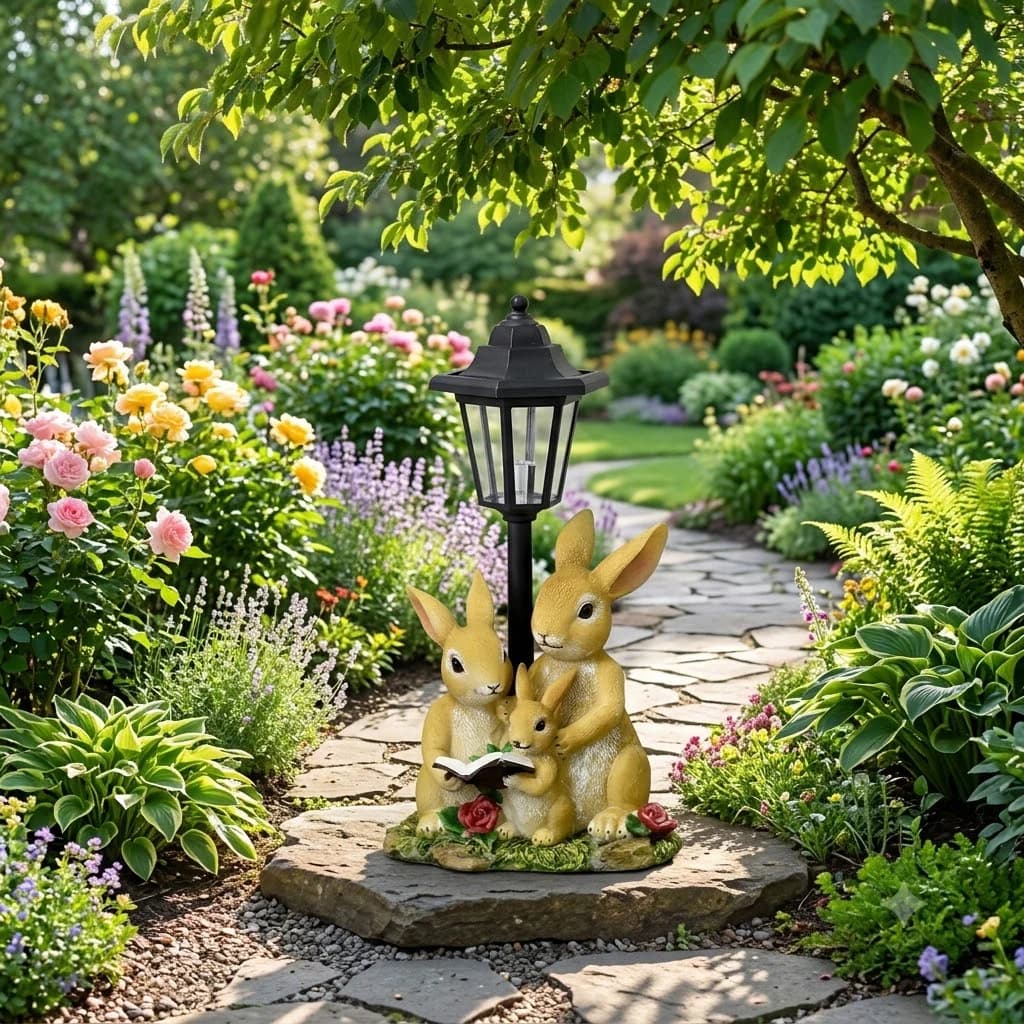 Garden scene with rabbit statues and a lamp post surrounded by flowers and greenery.