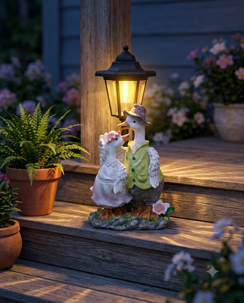 Decorative goose couple with a lamp on a wooden step, surrounded by plants and flowers.