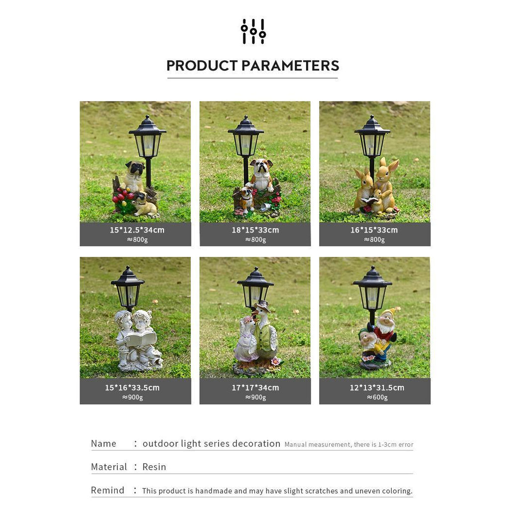 Outdoor light series decoration with statues on a grassy background