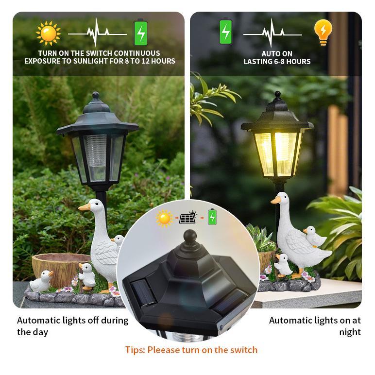 Solar-powered outdoor light with ducks and instructions on how to operate.