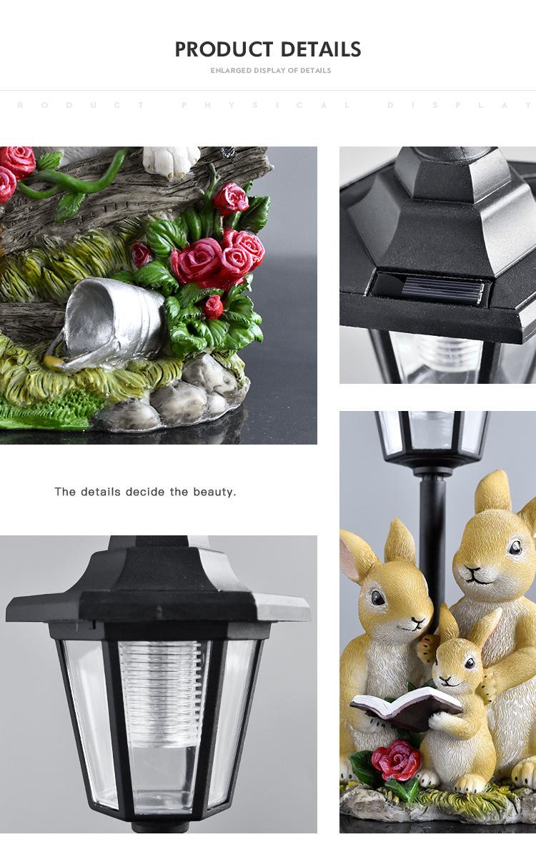 Collage of decorative items including a garden scene, solar lamp, and rabbit statues.