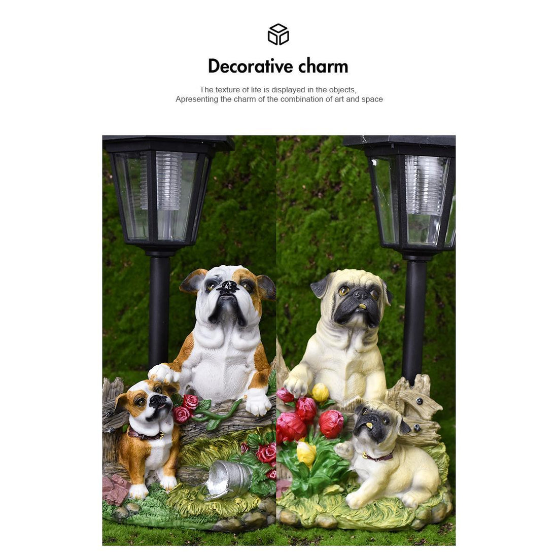 Decorative garden statues of dogs with a garden setting and text 'Decorative charm'.