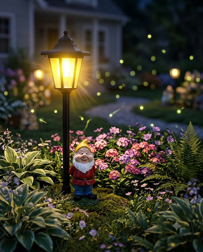 Gnome by a lit garden lamp in a garden with flowers and lights in the background
