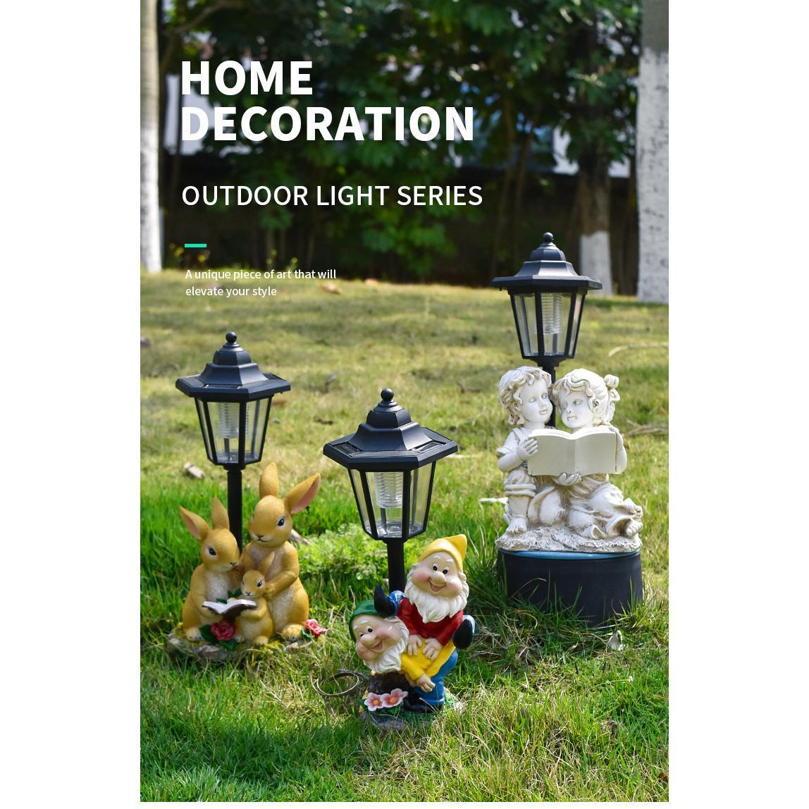 Outdoor light series with garden statues and lanterns on grass
