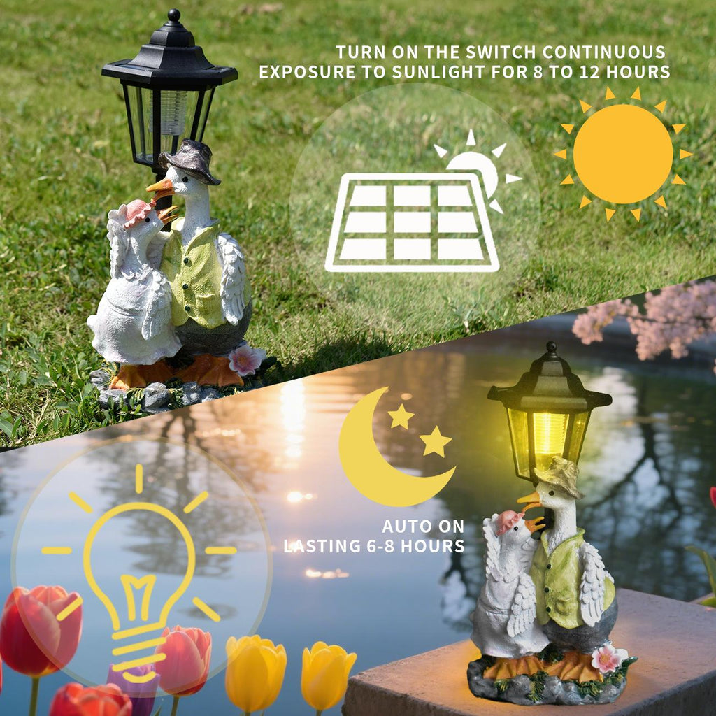 Solar garden light with duck design on grass and water background, showing usage instructions.