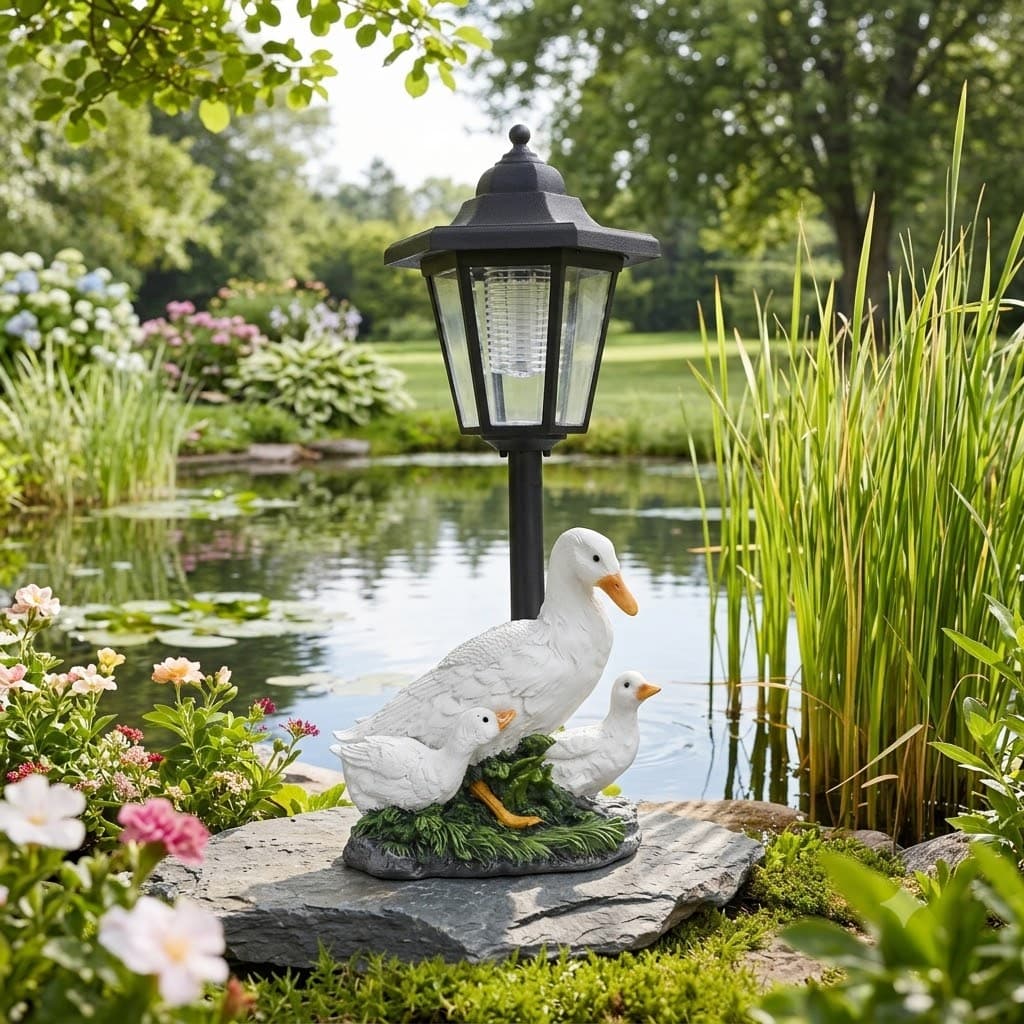 Decorative garden light with ducks near a pond in a lush garden setting