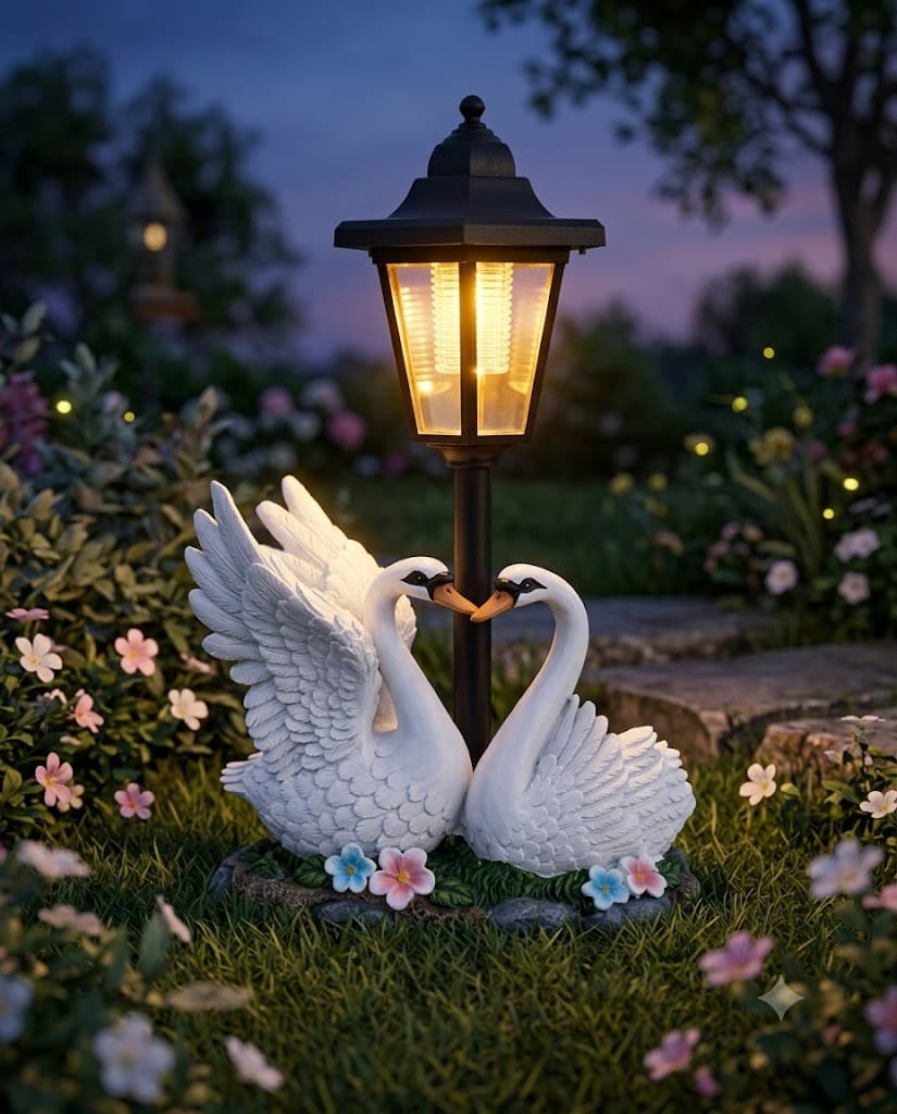 Two swan statues in front of a glowing garden lamp with flowers and foliage in the background.