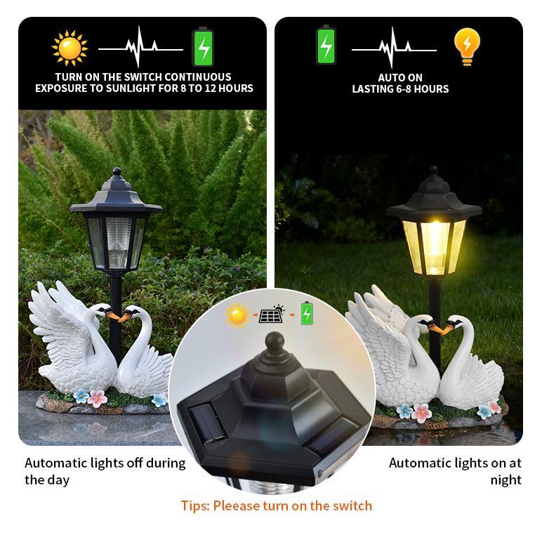 Solar-powered garden light with swan decorations and automatic lighting control system.