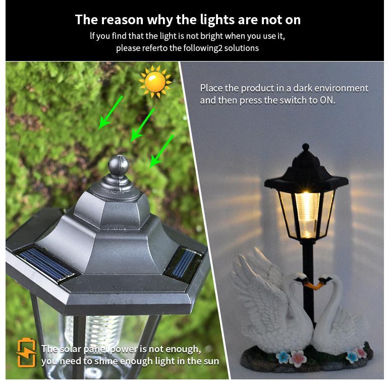 Solar-powered outdoor lamp with swan design and troubleshooting tips for lighting issues.