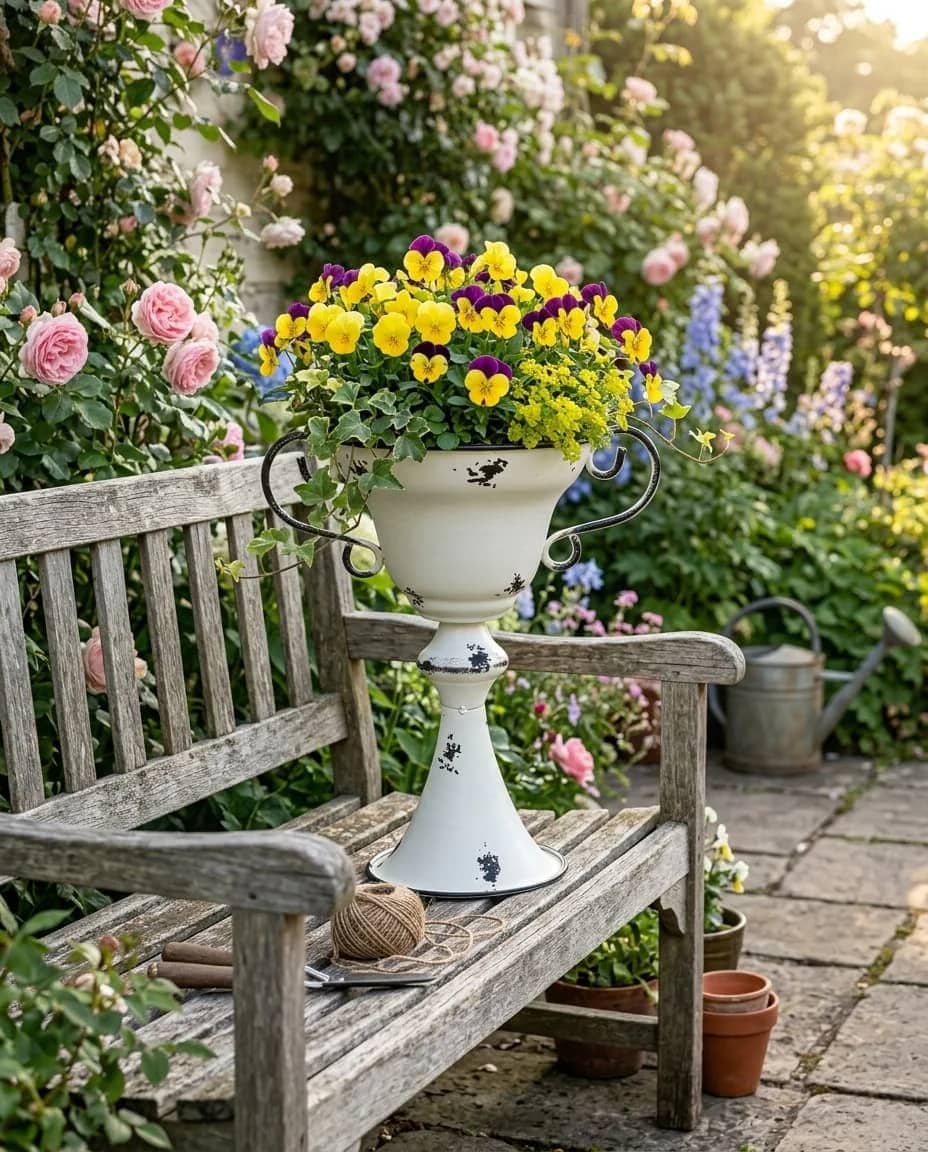 Floral arrangement in a decorative urn on a wooden bench in a garden setting.