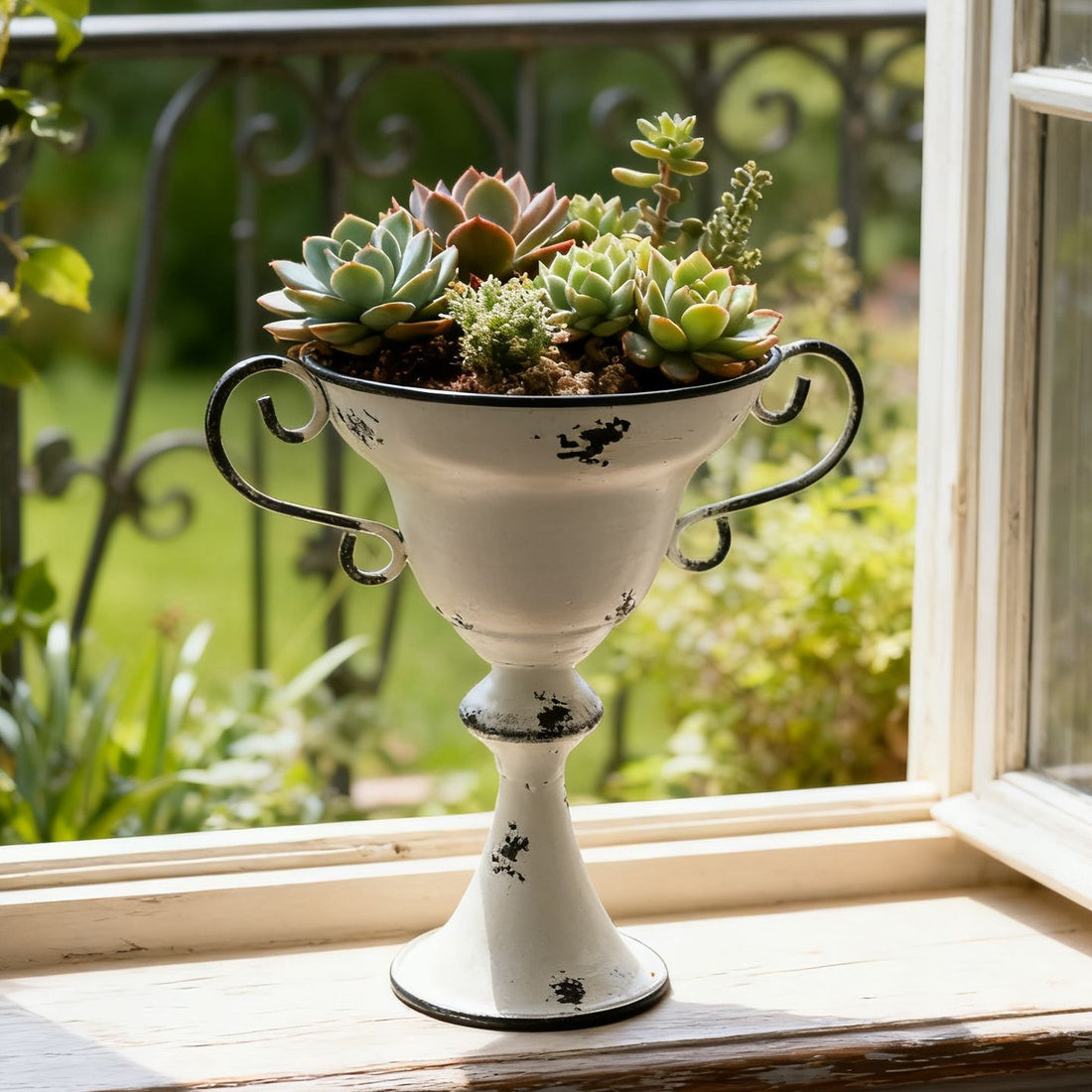 Tall French Country Trophy Planter – Distressed Metal Garden Urn with Scrolled Handles & Drainage Hole (10.6") - The Curated Shop