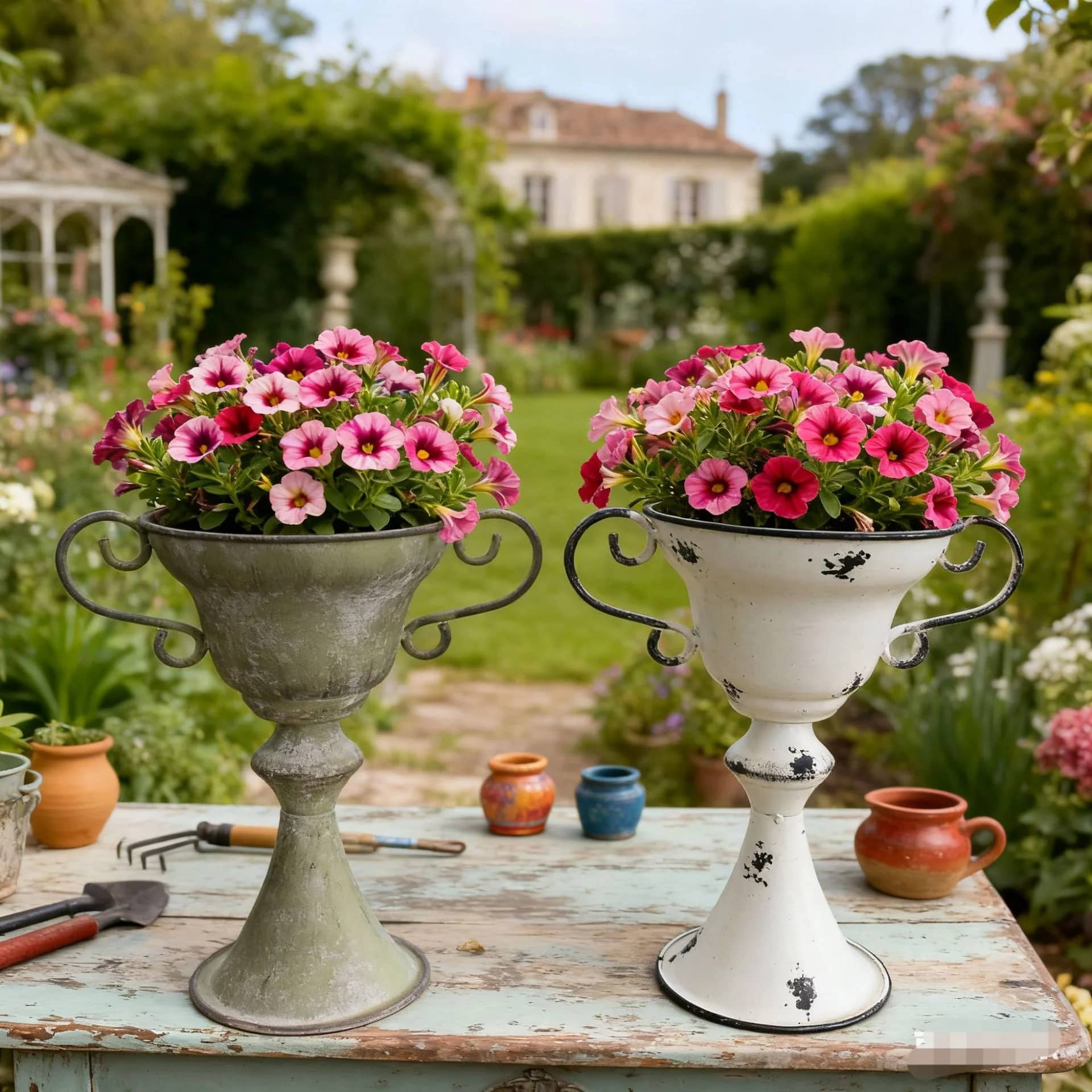 Two decorative urns with pink flowers on a garden table.