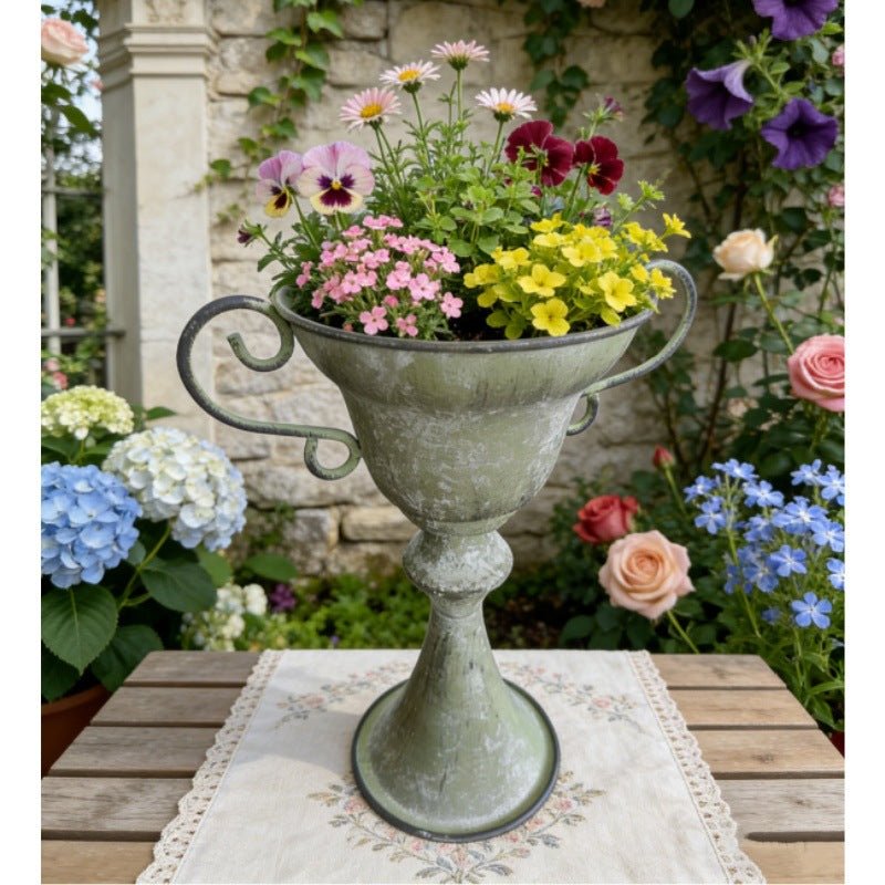 Tall French Country Trophy Planter – Distressed Metal Garden Urn with Scrolled Handles & Drainage Hole (10.6") - The Curated Shop