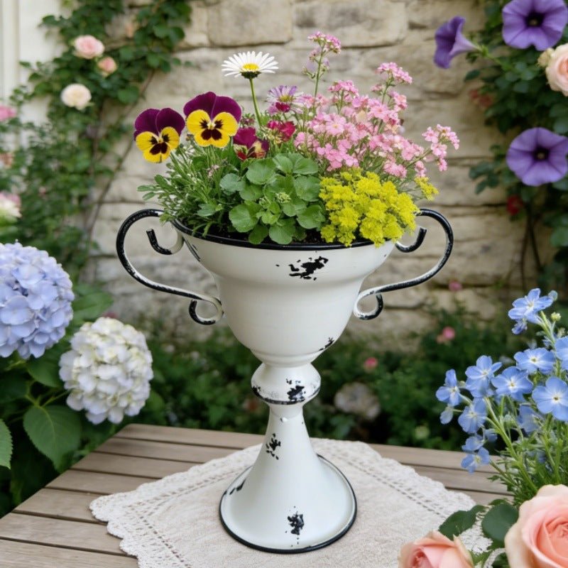 Tall French Country Trophy Planter – Distressed Metal Garden Urn with Scrolled Handles & Drainage Hole (10.6") - The Curated Shop