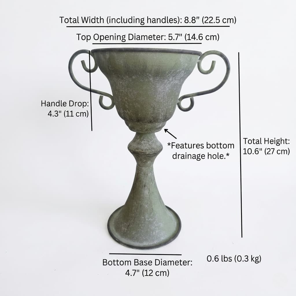 Tall French Country Trophy Planter – Distressed Metal Garden Urn with Scrolled Handles & Drainage Hole (10.6") - The Curated Shop