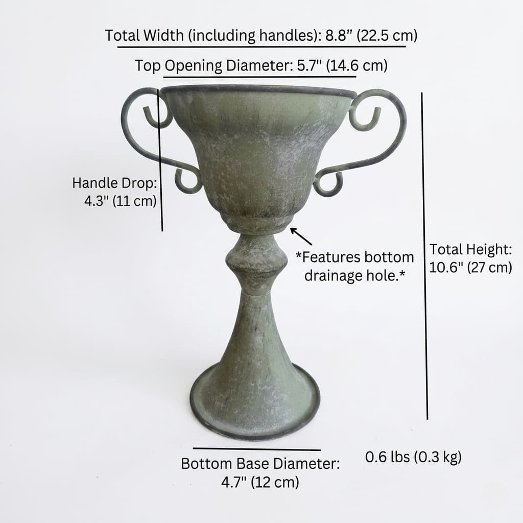 Tall French Country Trophy Planter – Distressed Metal Garden Urn with Scrolled Handles & Drainage Hole (10.6") 2