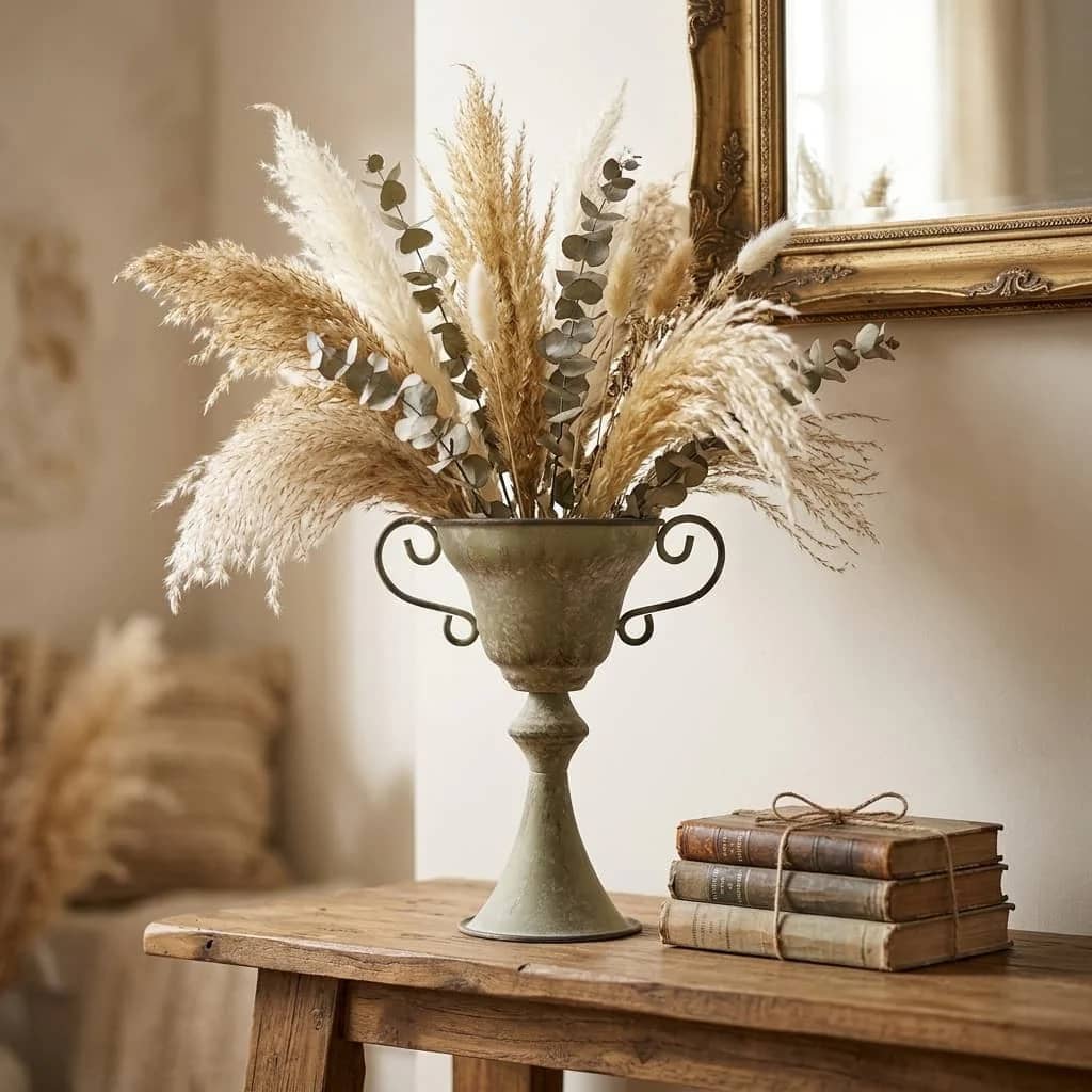 Standing at an impressive 10.6 inches, this handcrafted iron urn features a dramatic pedestal base, graceful scrolled handles, and a beautifully hand-distressed vintage patina. 