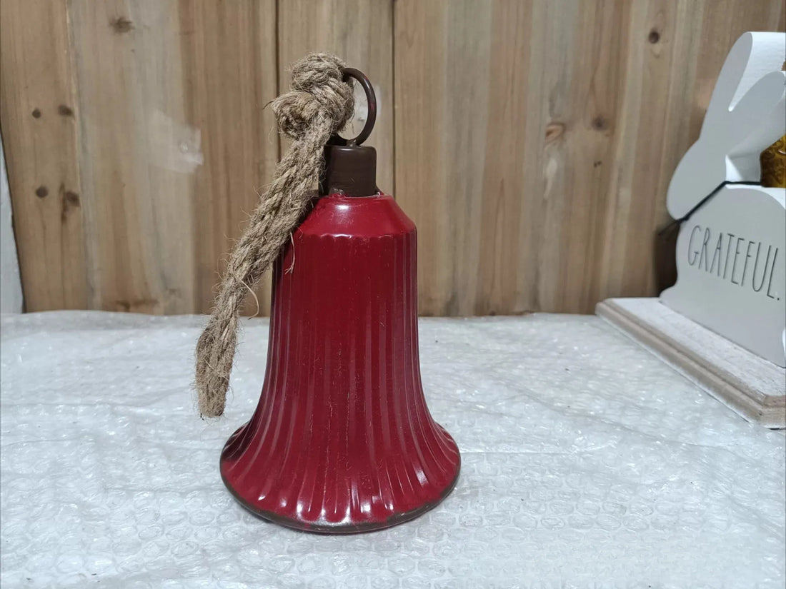Vintage Barn Red Metal Bell – Rustic Ribbed Iron Wind Chime with Jute Rope (7.1" Tall)