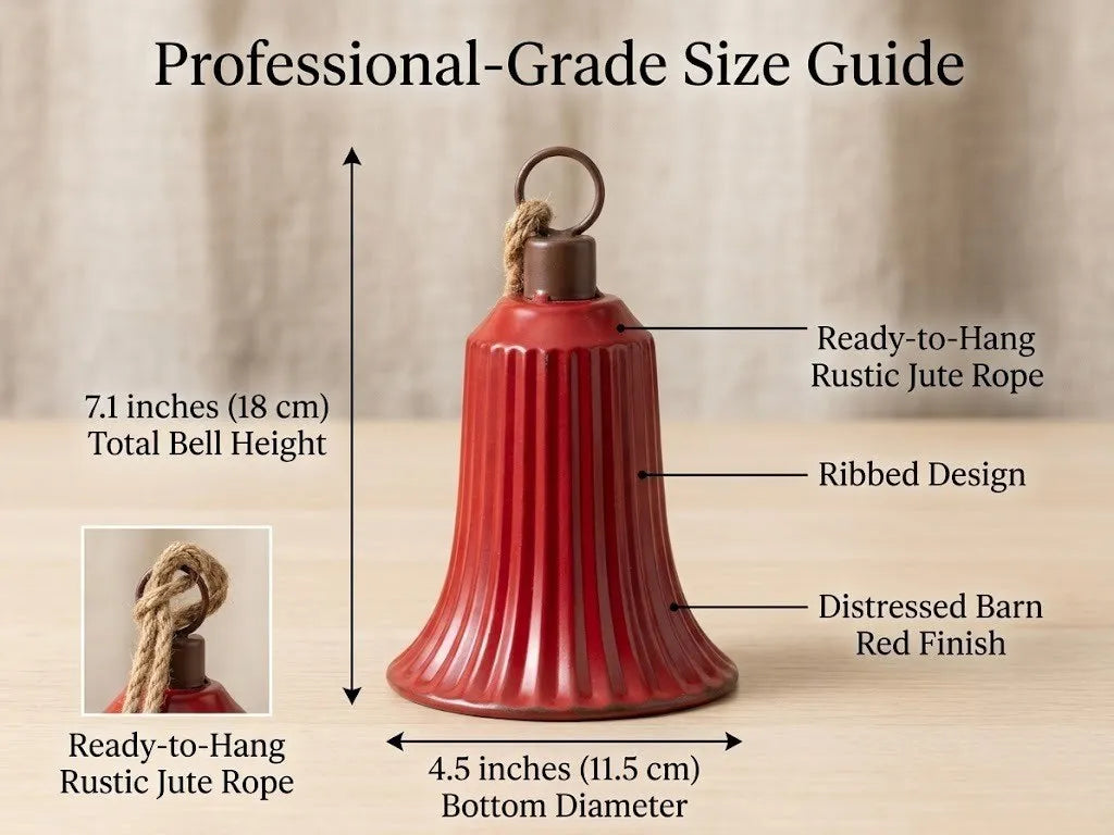 Vintage Barn Red Metal Bell – Rustic Ribbed Iron Wind Chime with Jute Rope (7.1" Tall)