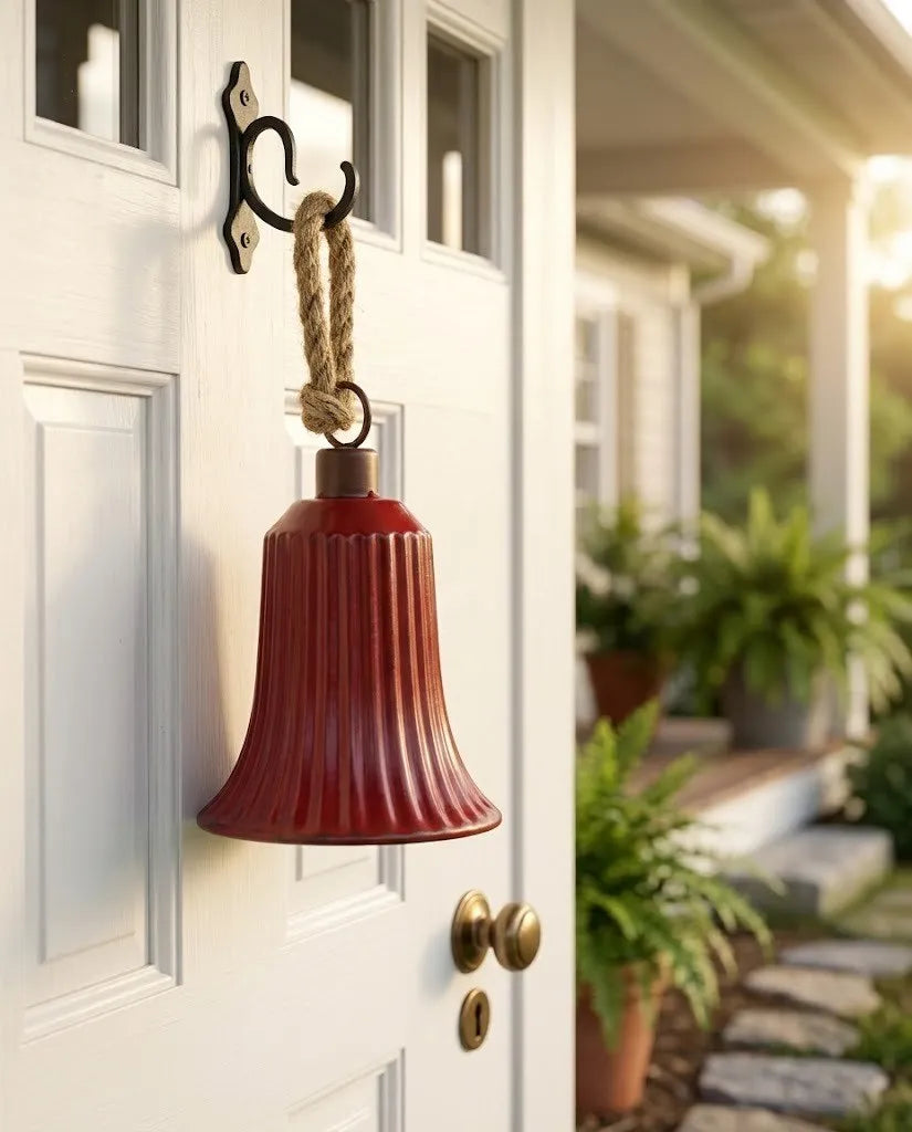 Vintage Barn Red Metal Bell – Rustic Ribbed Iron Wind Chime with Jute Rope (7.1" Tall)