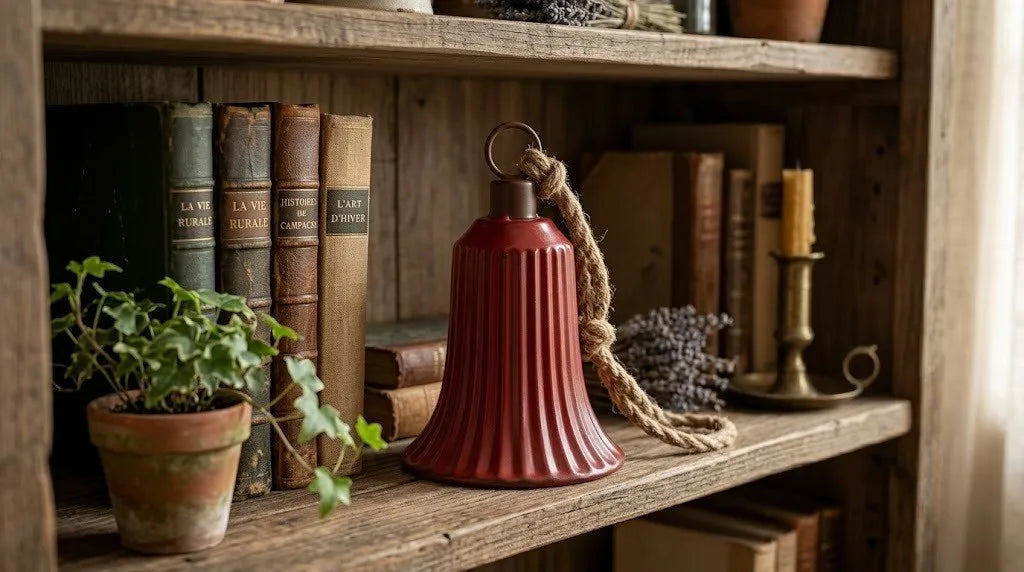 Vintage Barn Red Metal Bell – Rustic Ribbed Iron Wind Chime with Jute Rope (7.1" Tall)